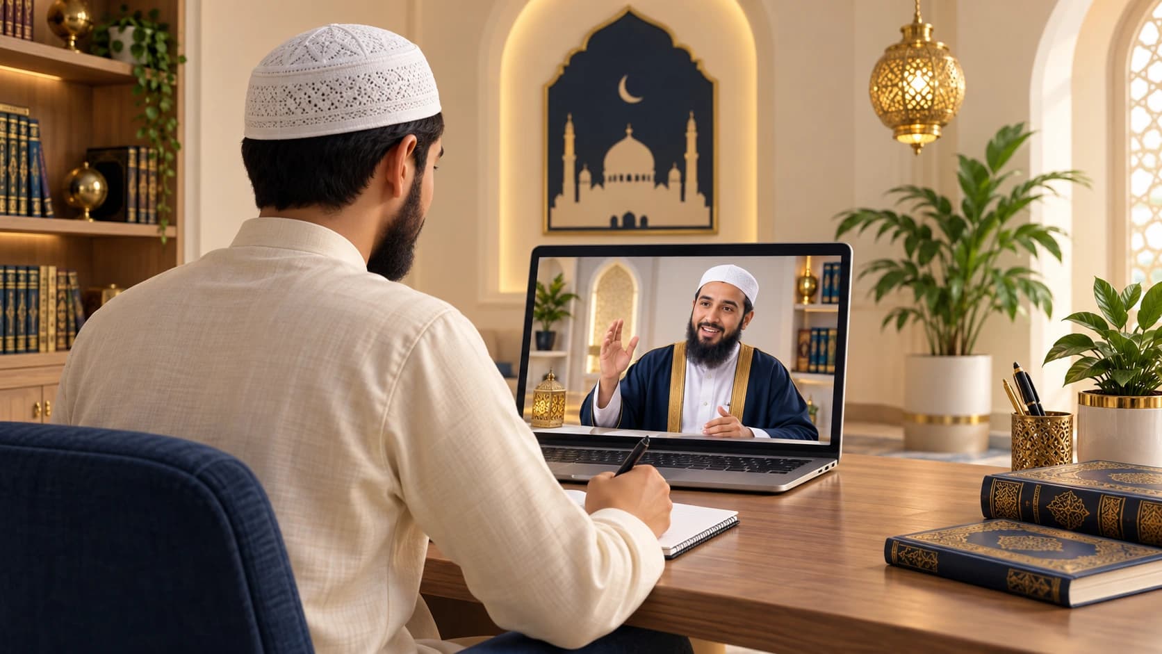 Adult learner attending a private online Quran class with a teacher