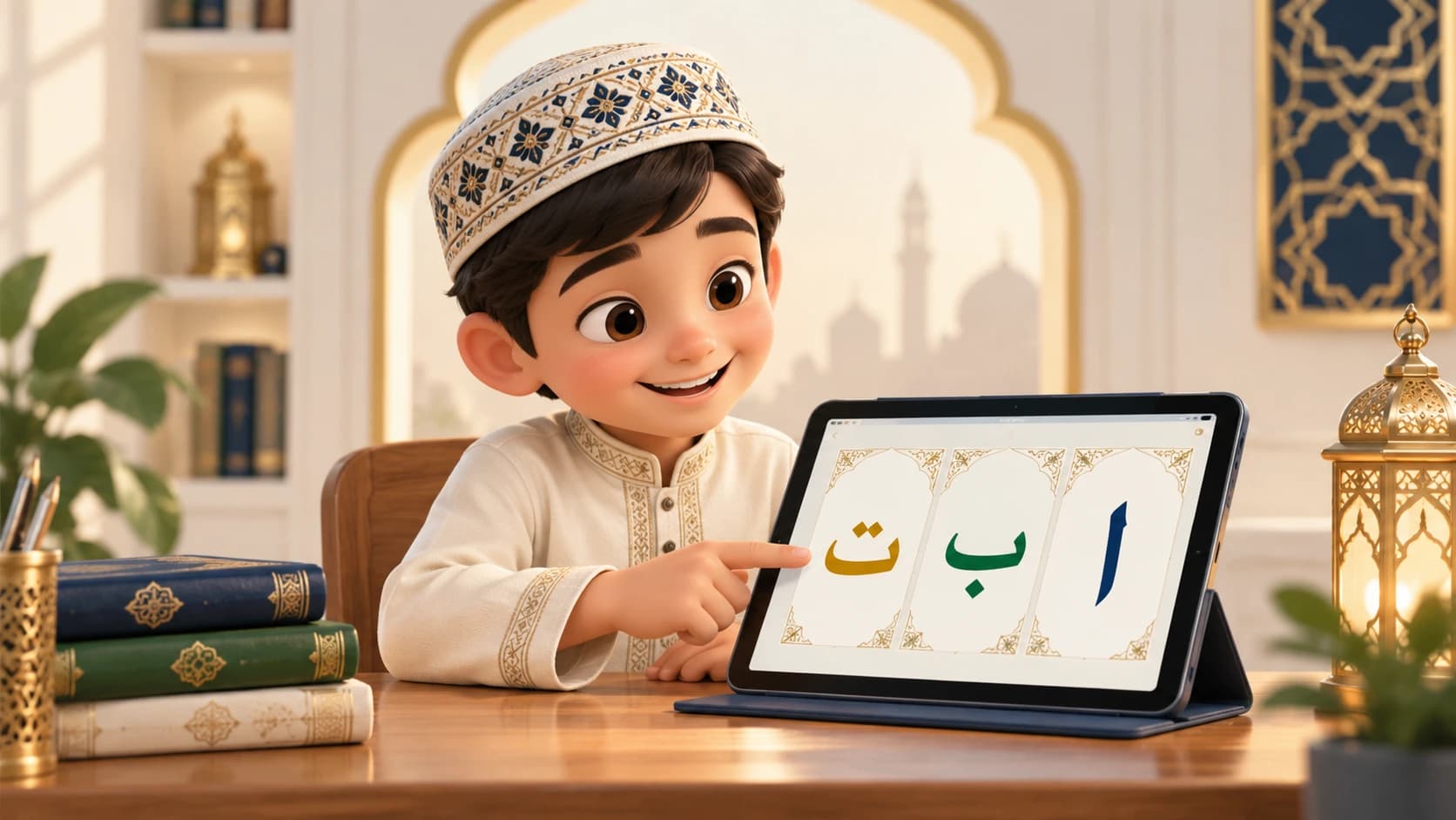 Child learning Arabic letters on a tablet during a Qaida lesson
