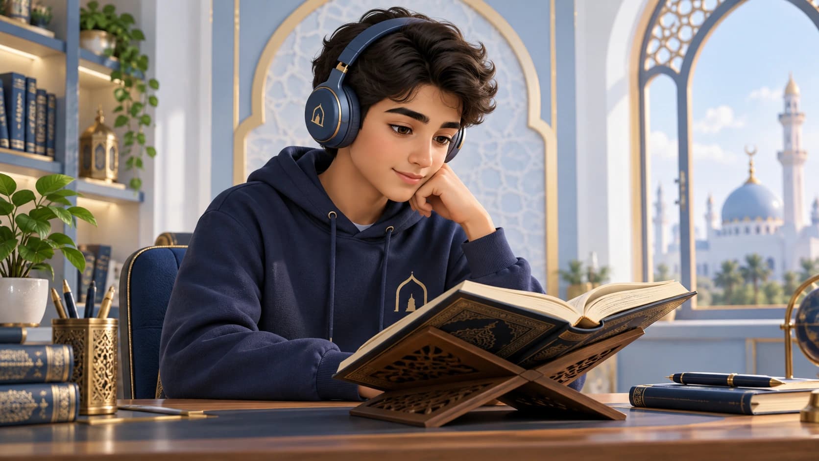 Teen learner practising Quran reading with headphones