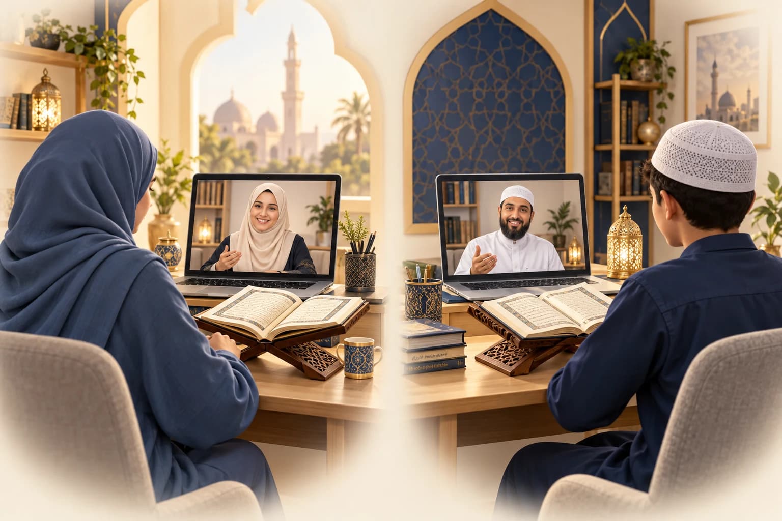 Illustration of a female learner with a female online teacher, and a male learner with a male online teacher
